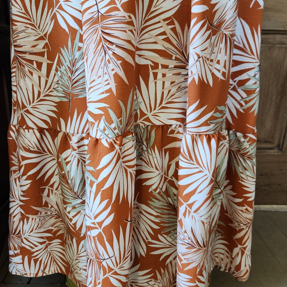 Iris Womens Tropical Palm Print Maxi Dress L Orange White Babydoll Empire Cutout - Picture 3 of 8